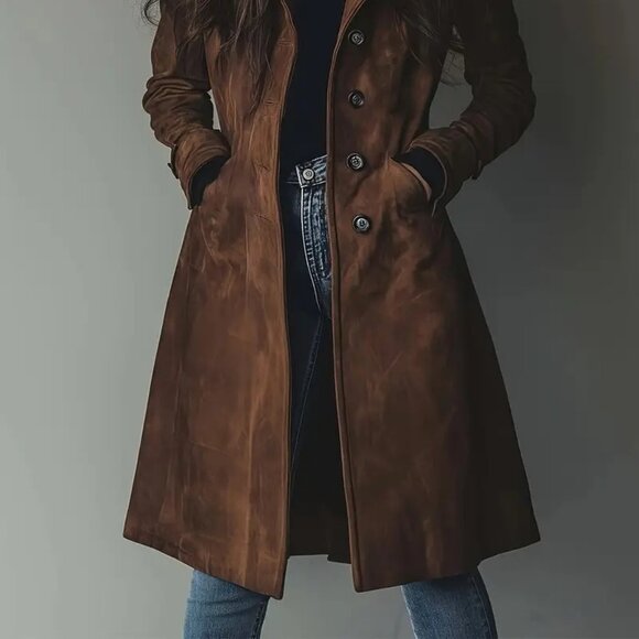 Brown Faux Suede Notch Lapel Knee Length Coat - Picture 2 of 6